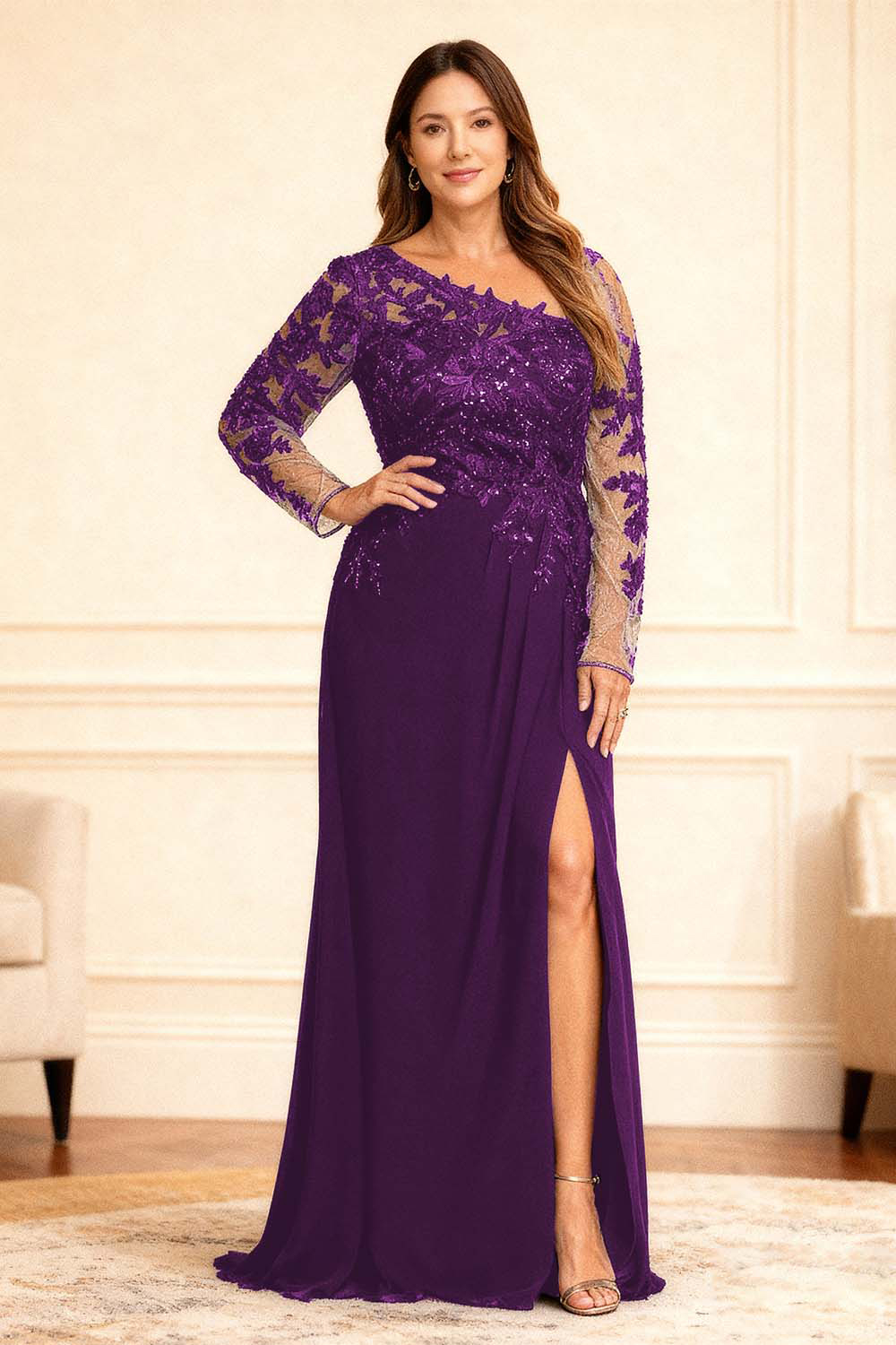 Sparkly Black One Shoulder Lace Floor-Length Plus Size Mother of the Bride Dress with Slit