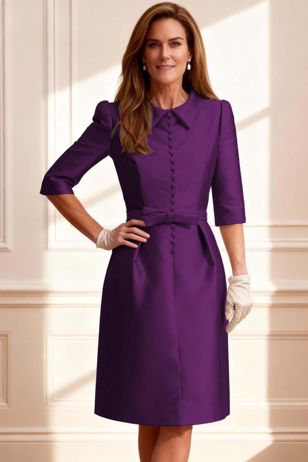 Silver Satin Bodycon Knee-Length Mother of the Bride Dress with Bow