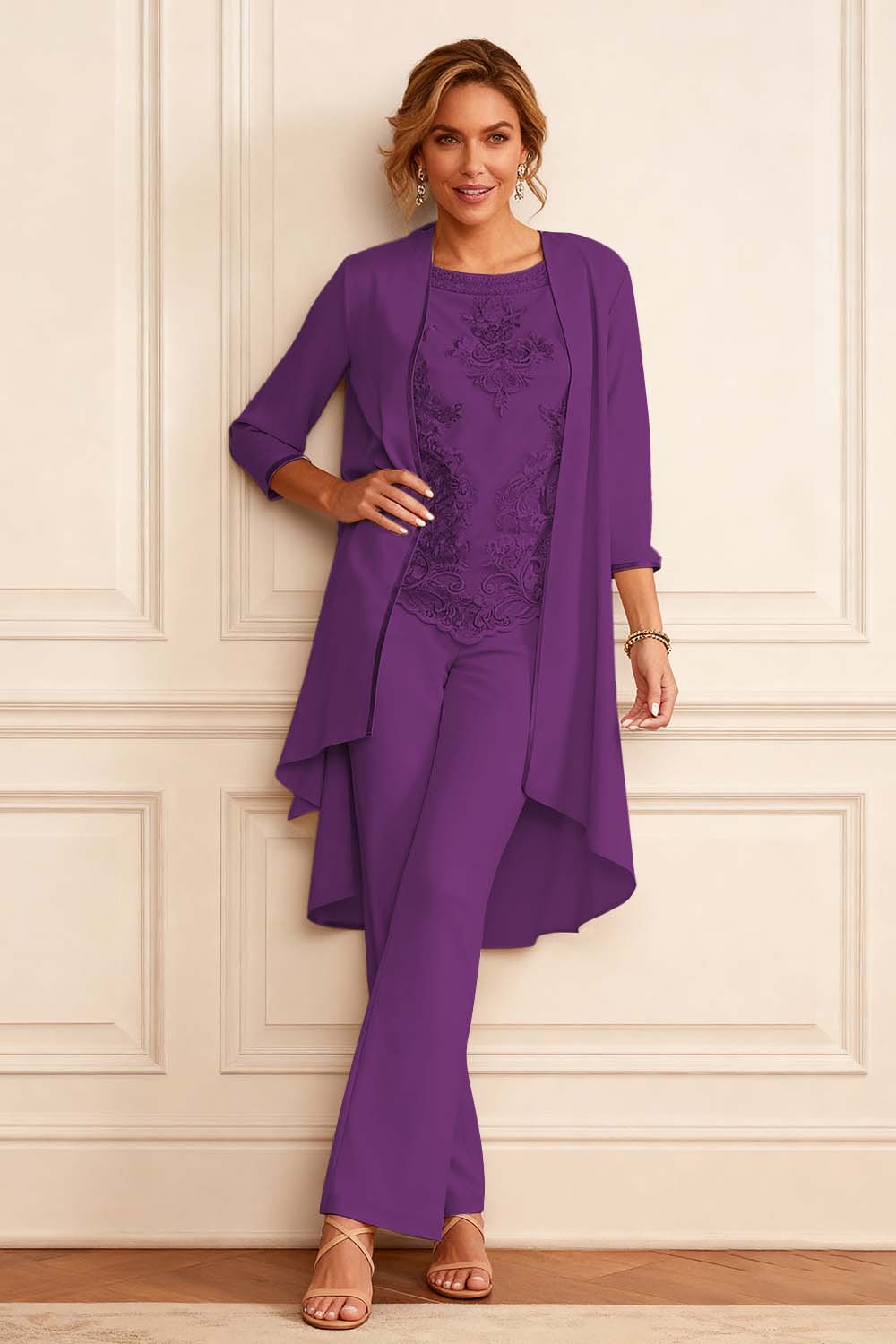 Apricot Round Neck 3 Piece Mother of the Bride Pant Suits with Jacket