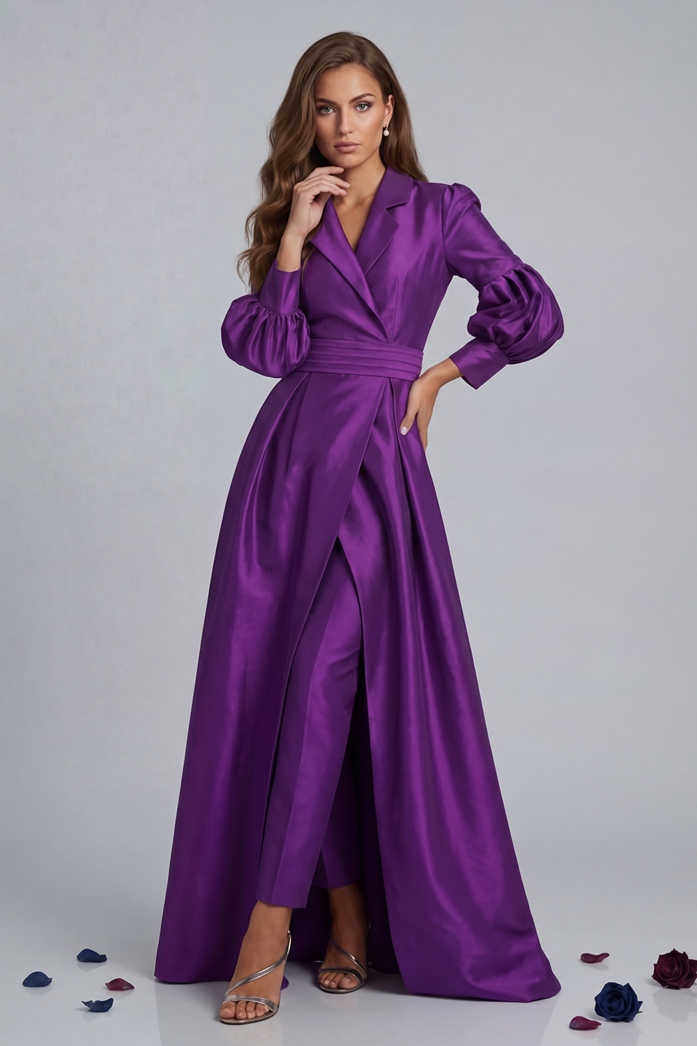 Olive Notched Lapel Puff Sleeves 2 Piece Mother of the Bride Pant Suits with Jacket