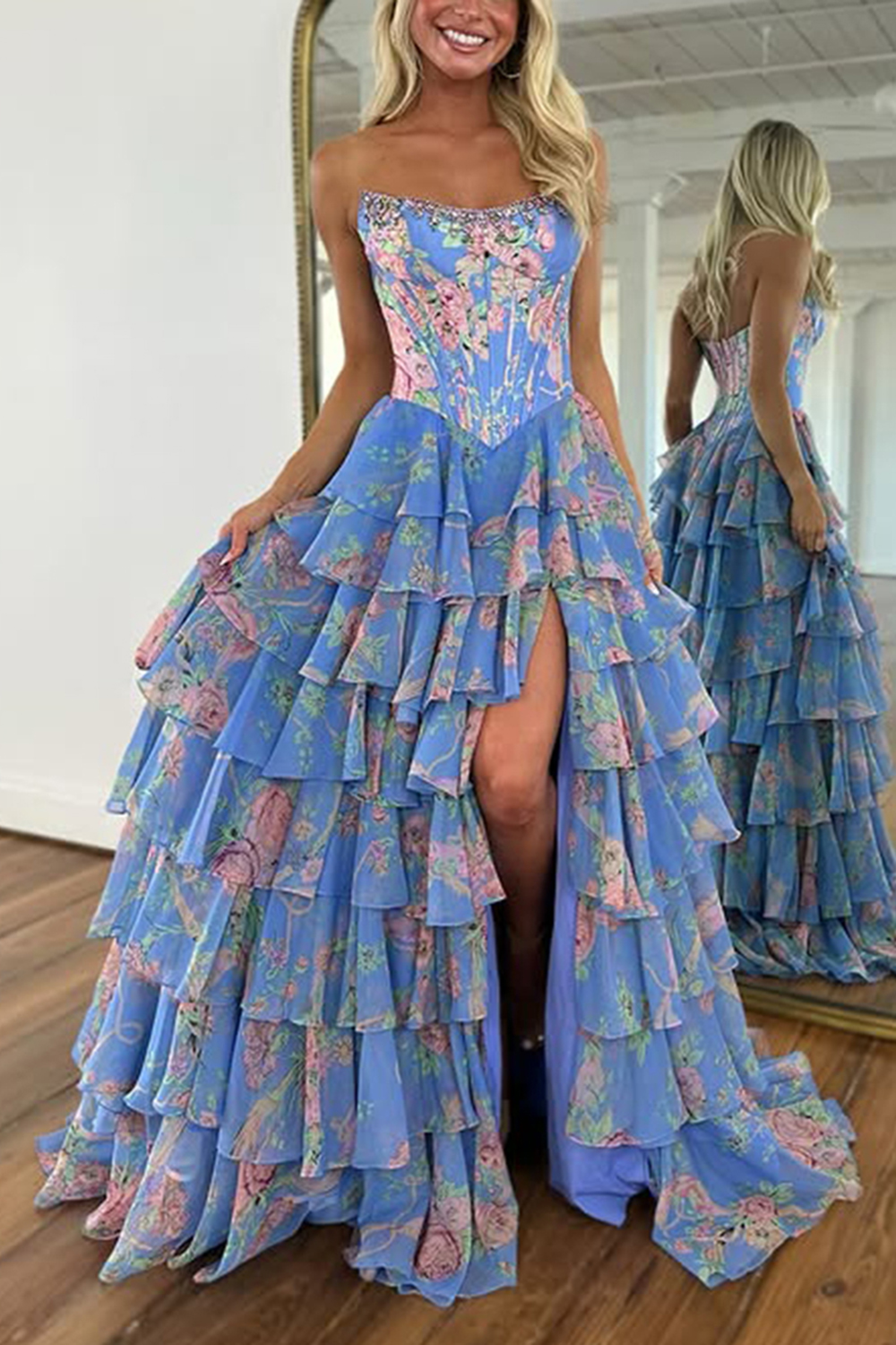 Sparkly Blue Floral Corset Ruffled Tiered A-Line Long Prom Dress with Slit