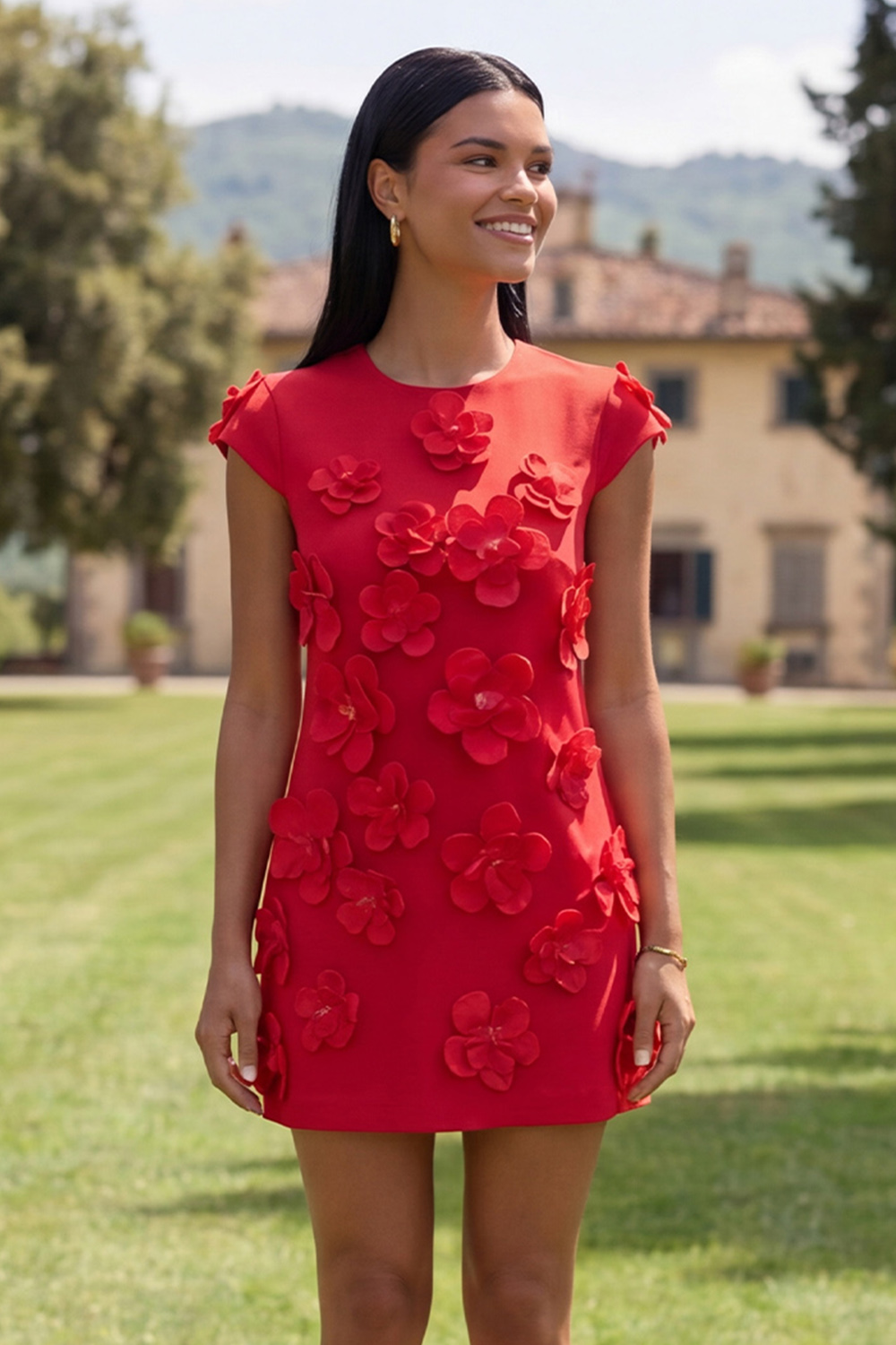 Butter Ivory Floral Round Neck Short Homecoming Dress with Sleeves