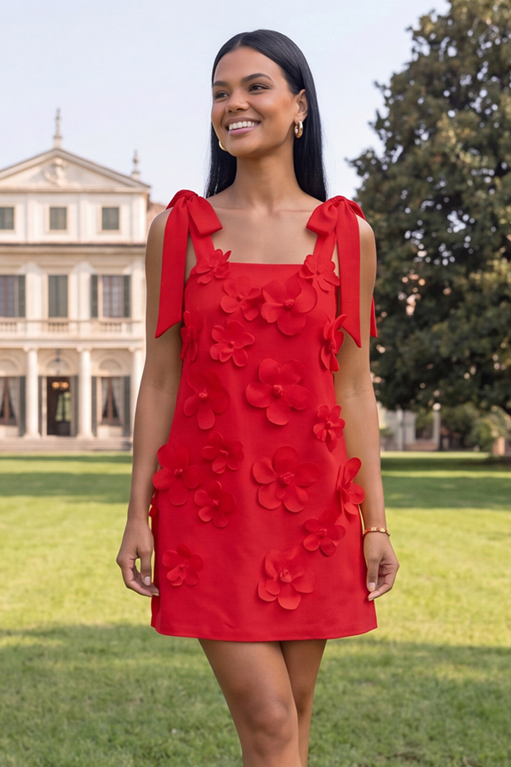 Hot Pink Floral Thick Straps A Line Short Homecoming Dress with Bows