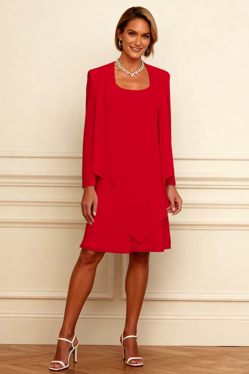 Ivory Scoop Neck Chiffon Knee-Length 2-Piece Mother of the Bride Dress with Jacket