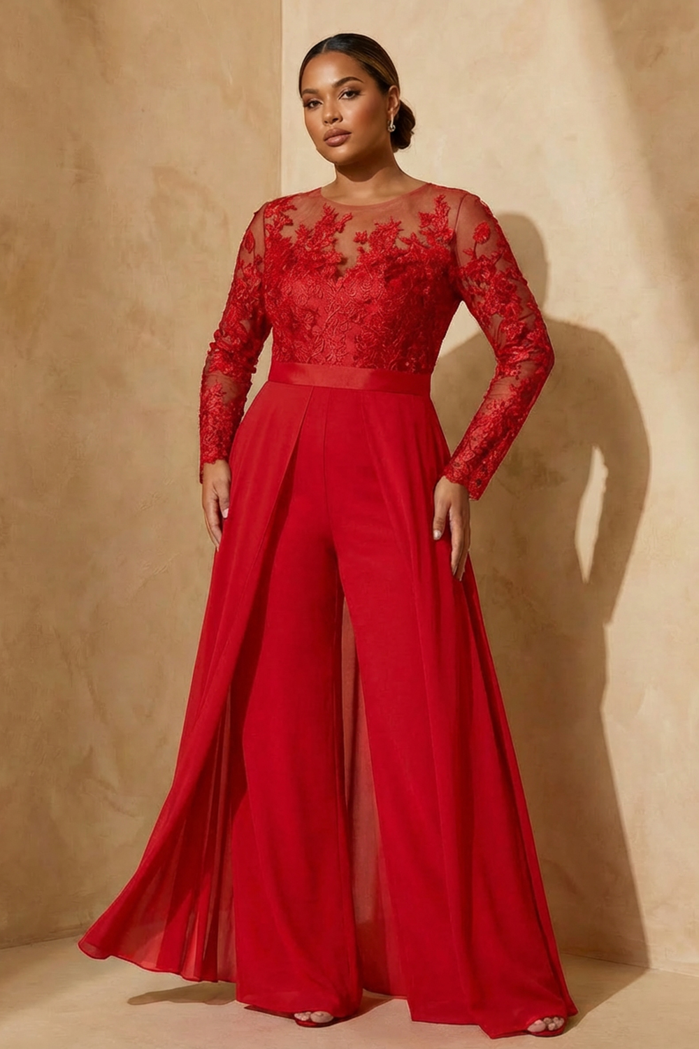 Black Chiffon Illusion Neck Floor-Length Mother Of The Bride Jumpsuit with Cape