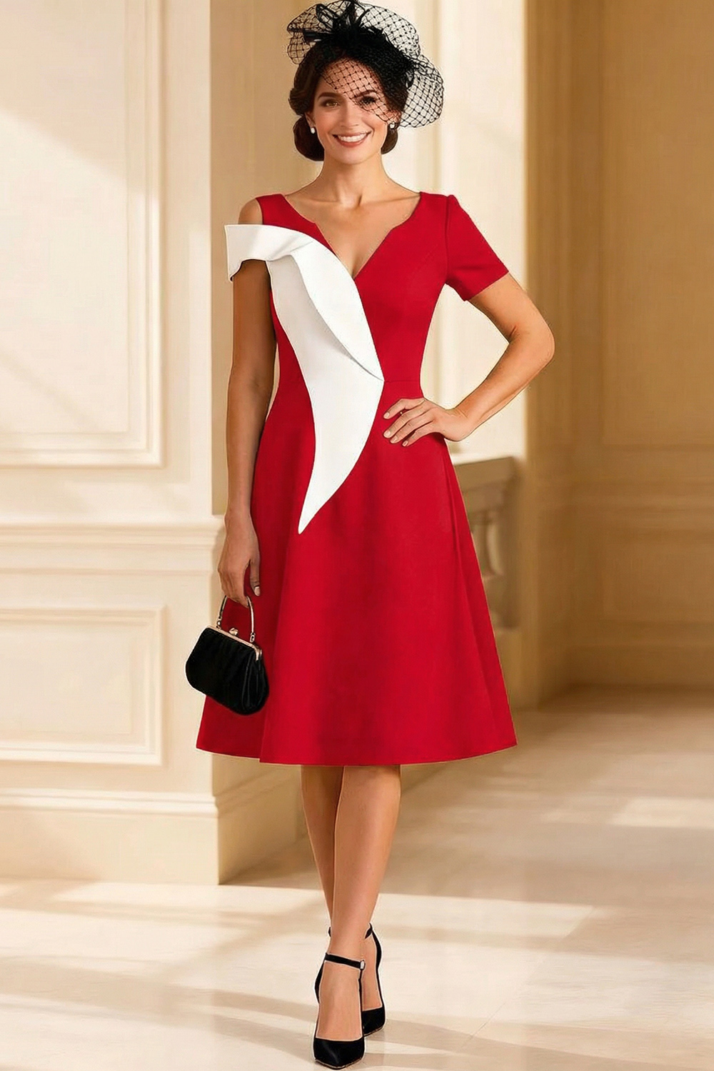 V Neck Black and White A Line Midi Mother of the Bride Dress