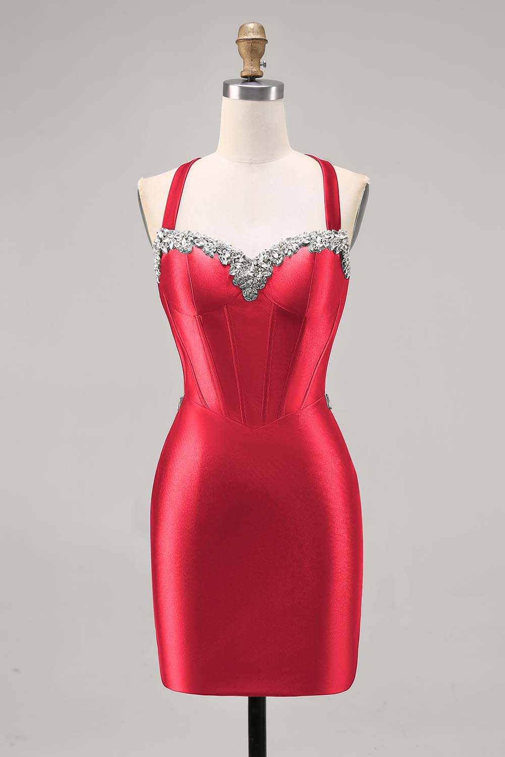 Sparkly Dark Green Satin Short Corset Tight Homecoming Dress with Beading