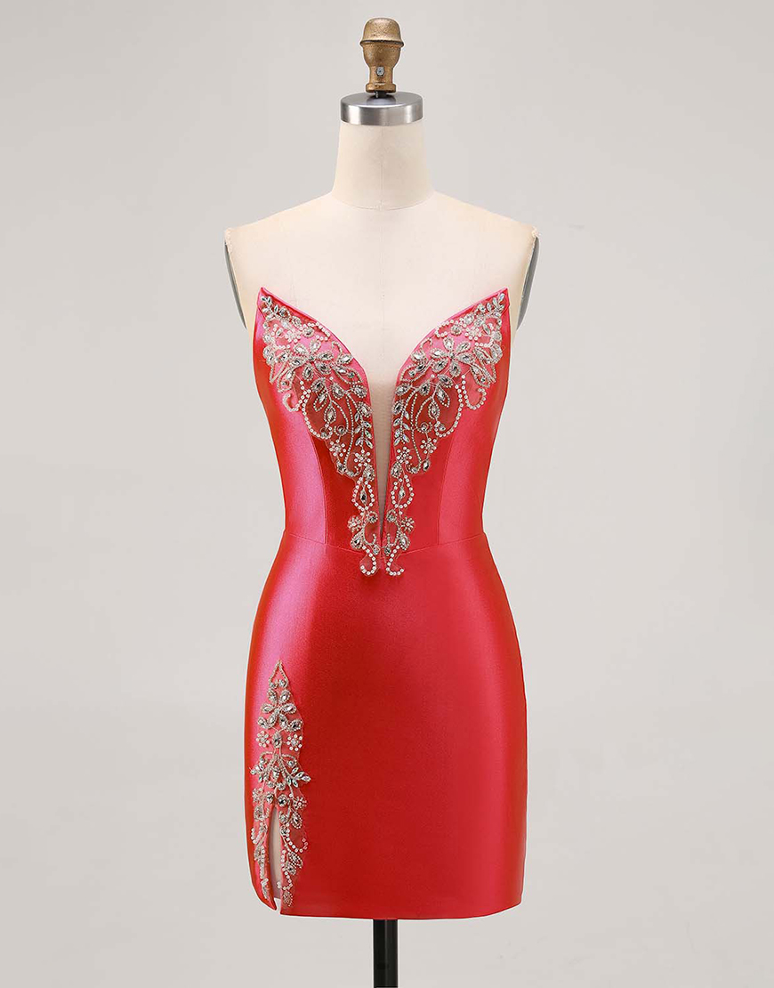 Sparkly Fuchsia Satin Strapless Short Tight Homecoming Dress with Rhinestones