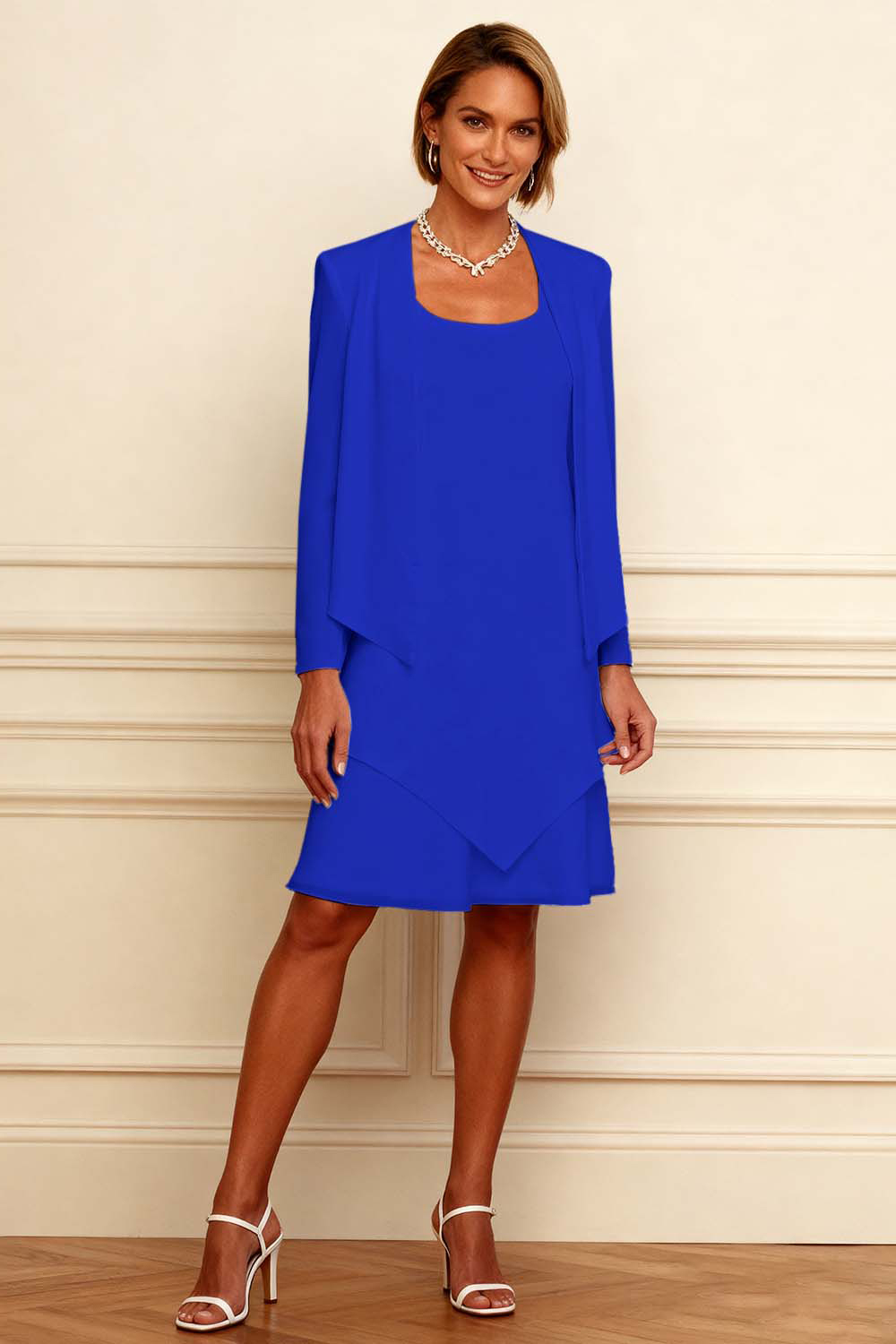 Ivory Scoop Neck Chiffon Knee-Length 2-Piece Mother of the Bride Dress with Jacket