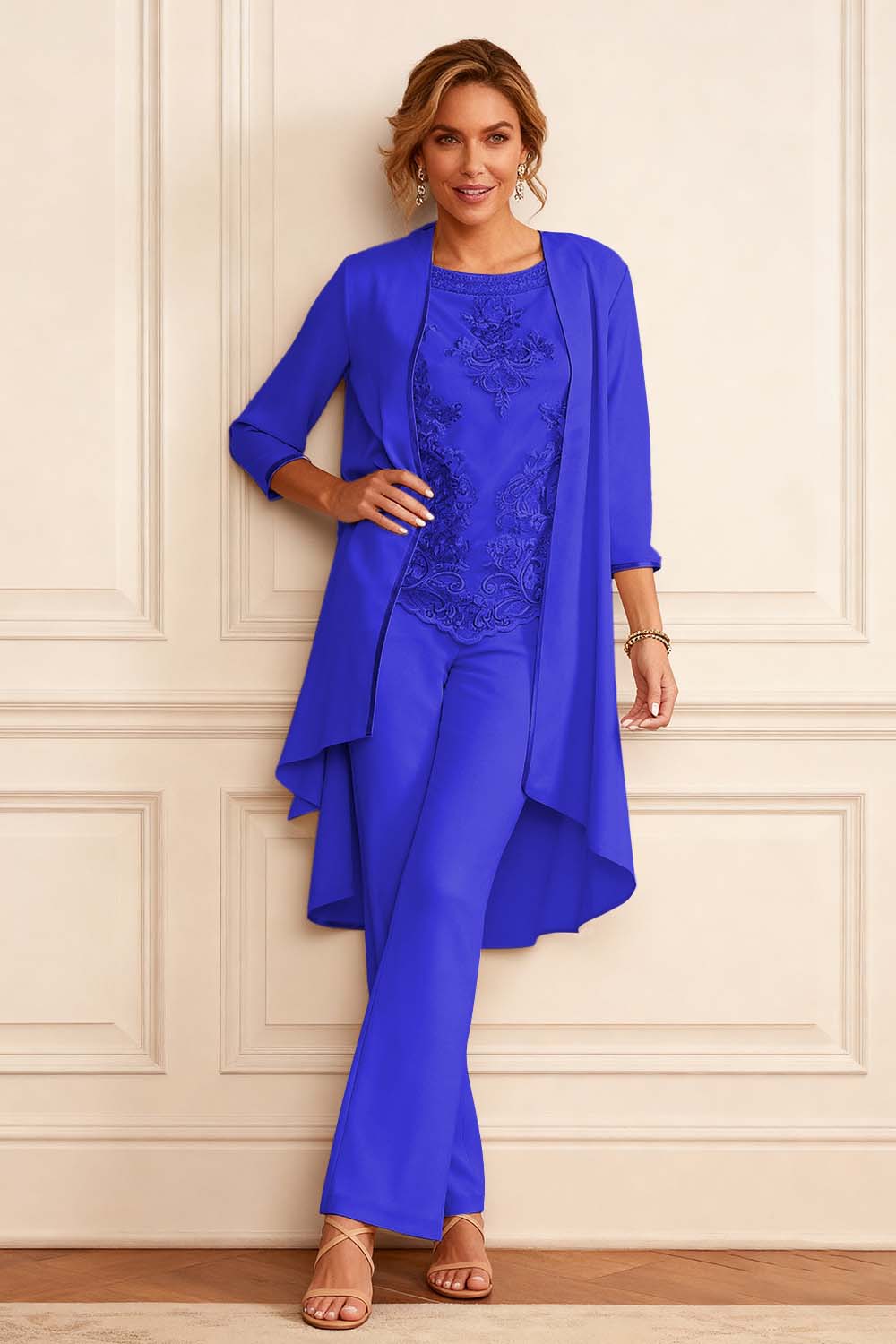 Apricot Round Neck 3 Piece Mother of the Bride Pant Suits with Jacket