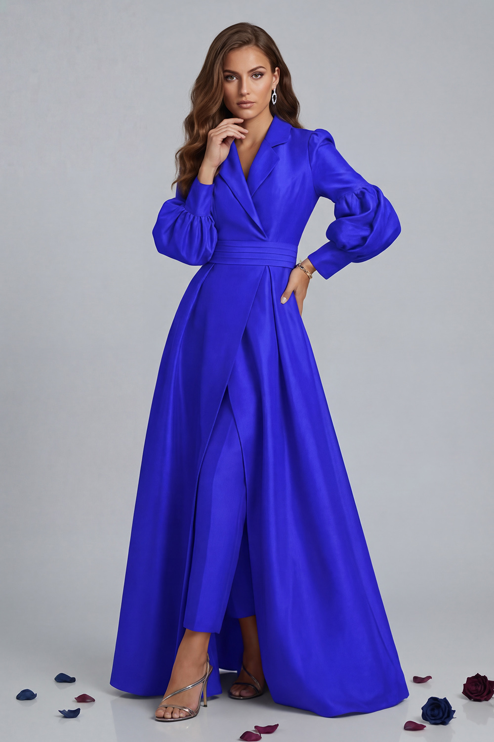 Olive Notched Lapel Puff Sleeves 2 Piece Mother of the Bride Pant Suits with Jacket