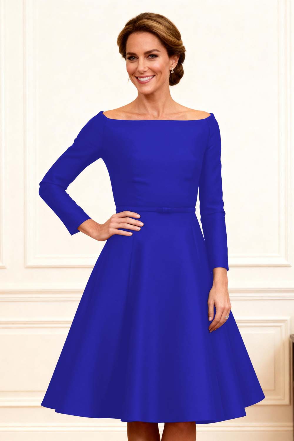 Dark Navy A Line Bateau Neck Satin Knee-Length Mother of the Bride Dress