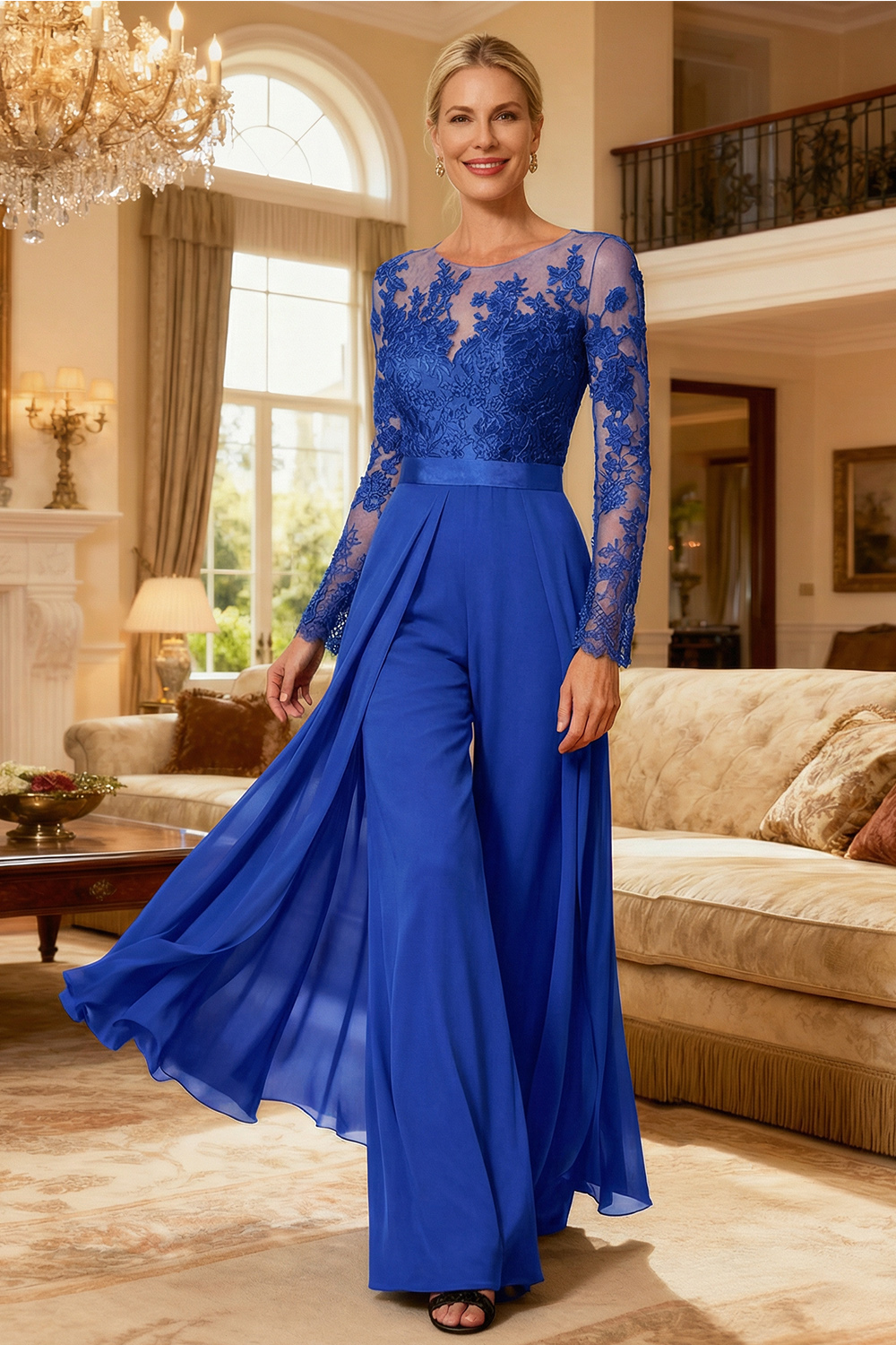 Black Chiffon Illusion Neck Floor-Length Mother Of The Bride Jumpsuit with Cape