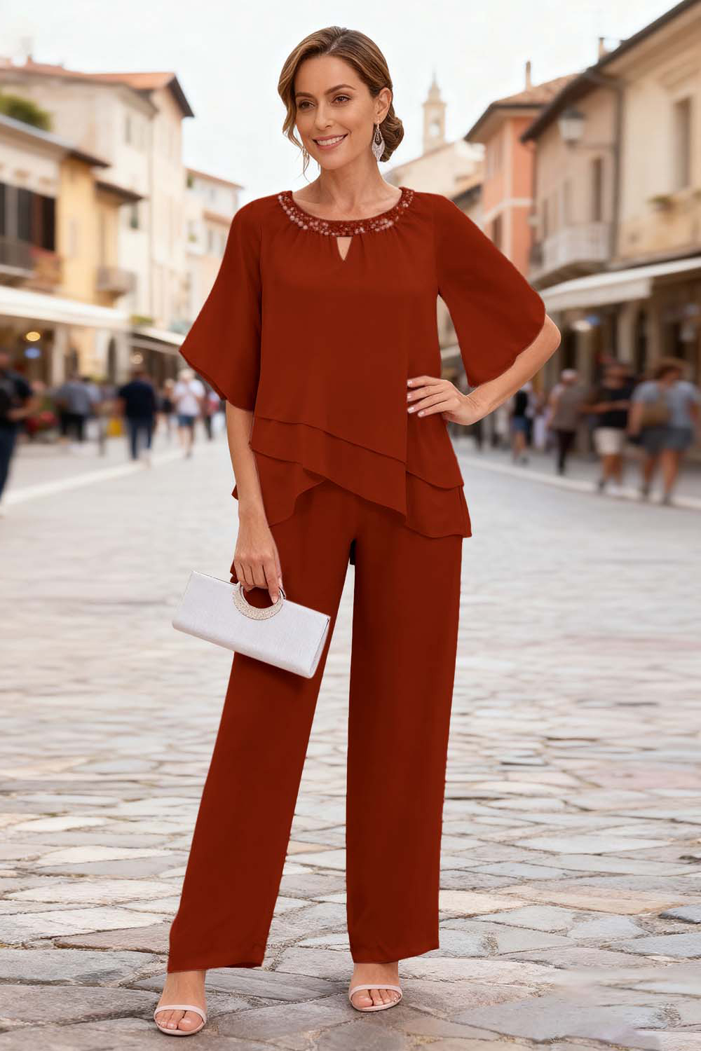 Sparkly Pink Chiffon Beaded 2-Piece Mother Of The Bride Pant Suits with Sleeves