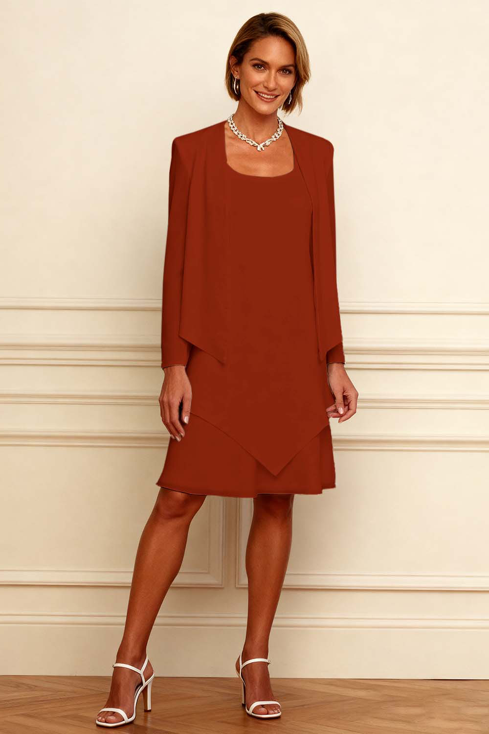 Ivory Scoop Neck Chiffon Knee-Length 2-Piece Mother of the Bride Dress with Jacket