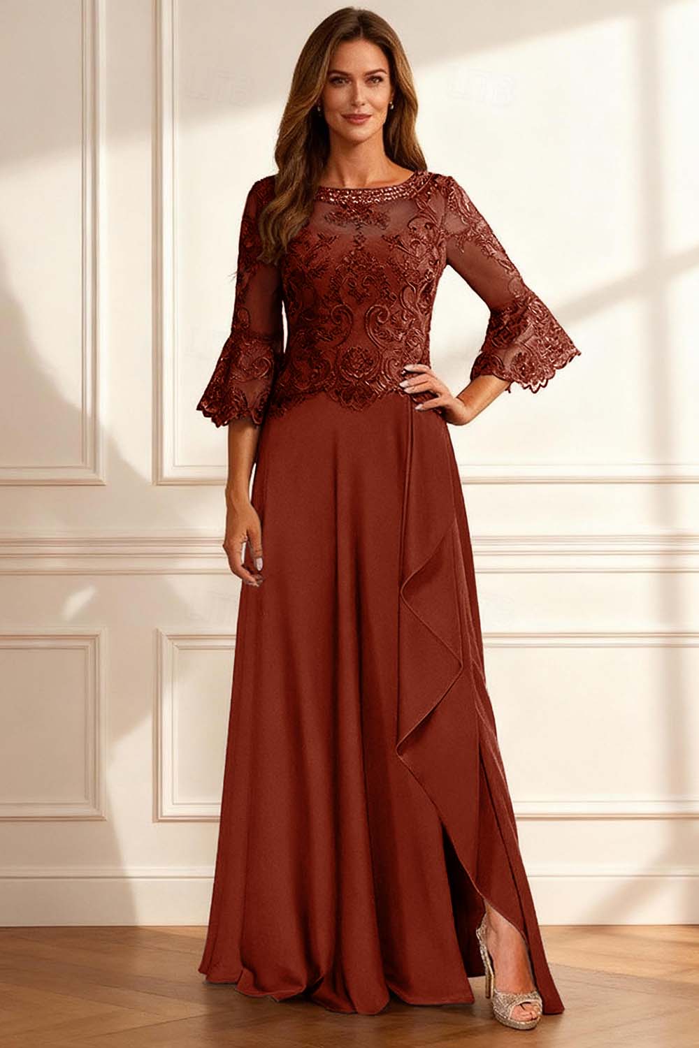 Sparkly Coffee Beaded Ruffled A Line Floor-Length Mother of the Bride Dress with Lace