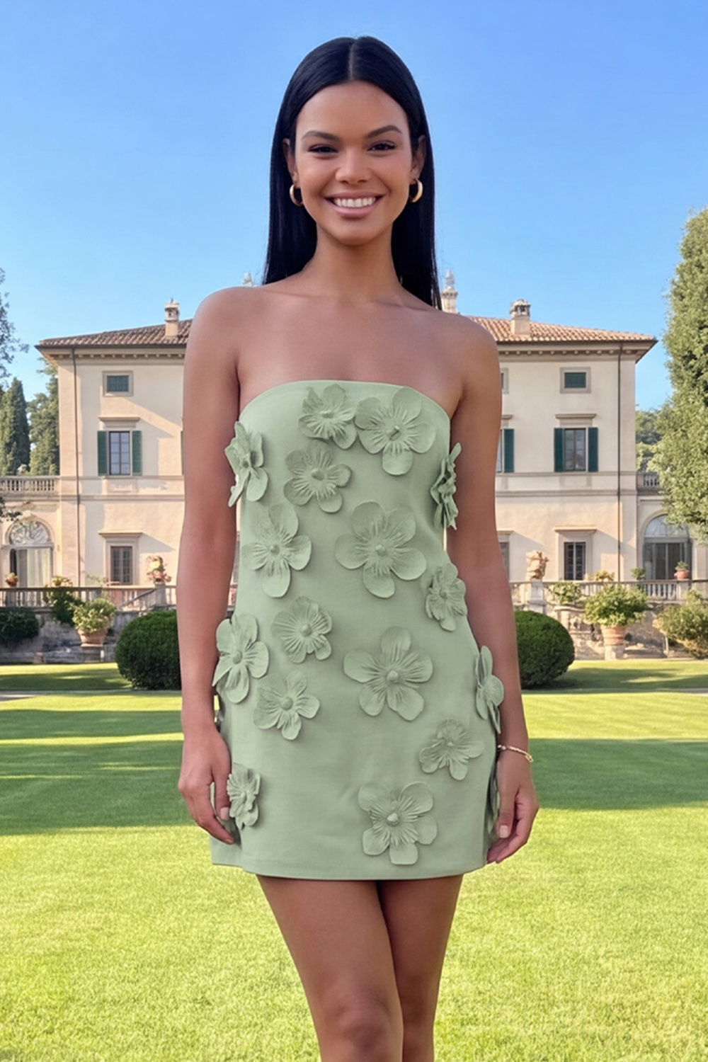 Yellow Floral Strapless Short Homecoming Dress