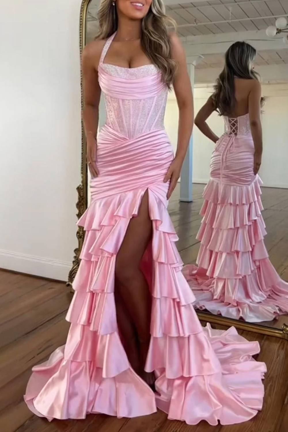 Sparkly Red Satin Corset Ruffled Halter Long Prom Dress with Slit