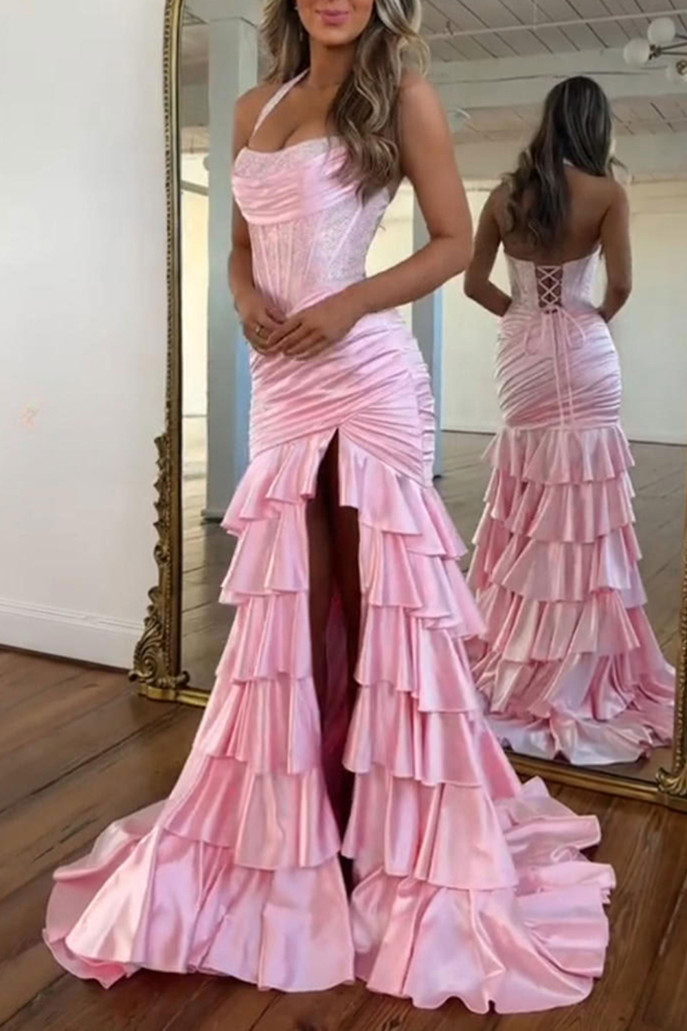 Sparkly Red Satin Corset Ruffled Halter Long Prom Dress with Slit