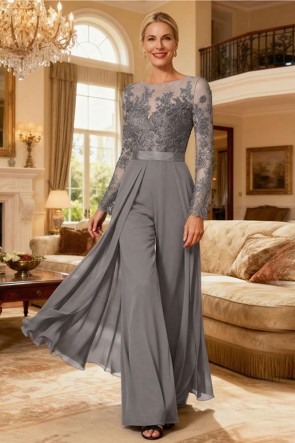 Black Chiffon Illusion Neck Floor-Length Mother Of The Bride Jumpsuit with Cape