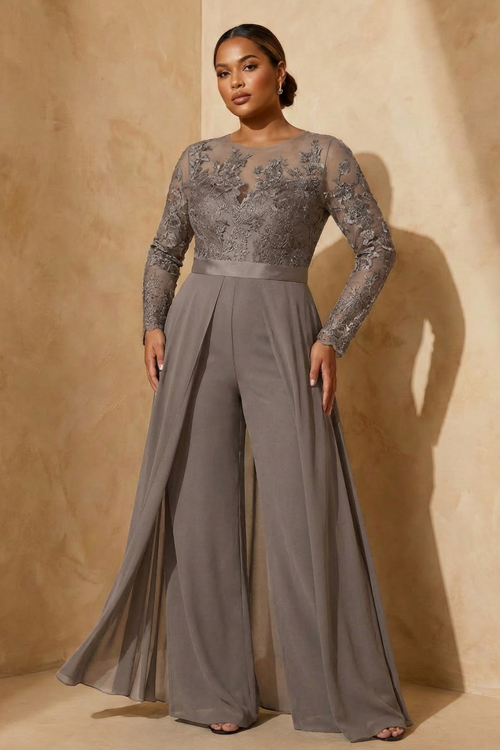 Black Chiffon Illusion Neck Floor-Length Mother Of The Bride Jumpsuit with Cape