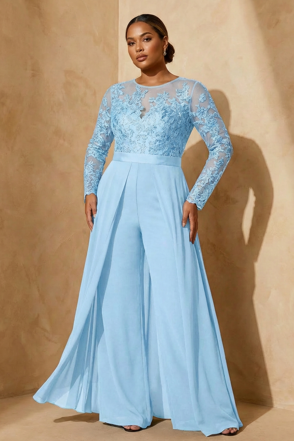 Black Chiffon Illusion Neck Floor-Length Mother Of The Bride Jumpsuit with Cape