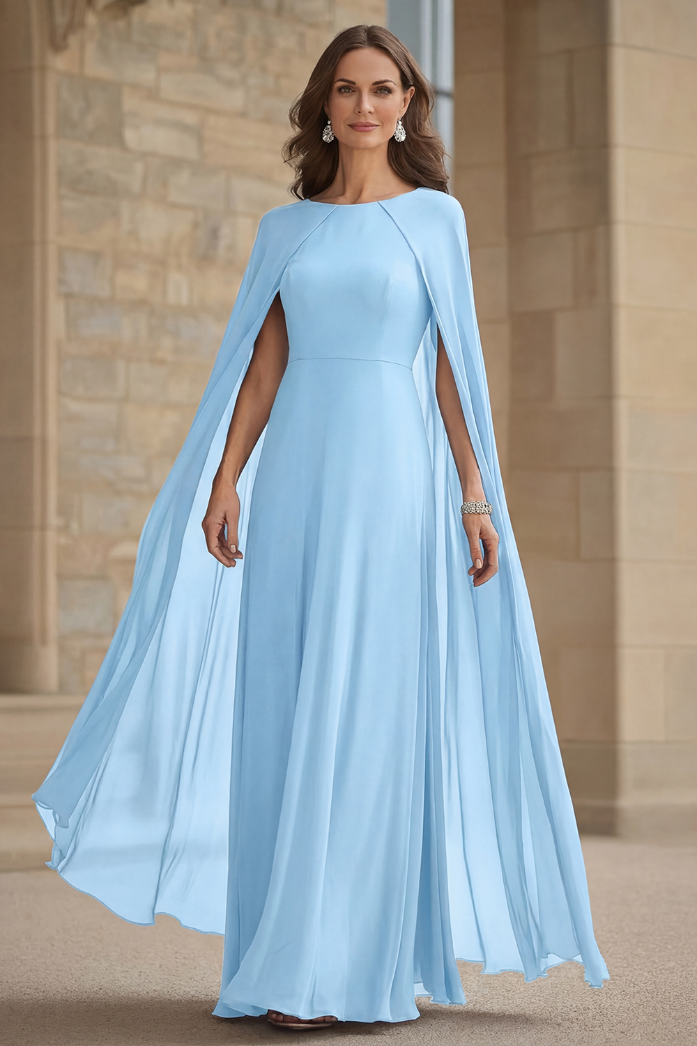 Scoop Neck Chiffon Navy Mother of the Bride Dress with Cape