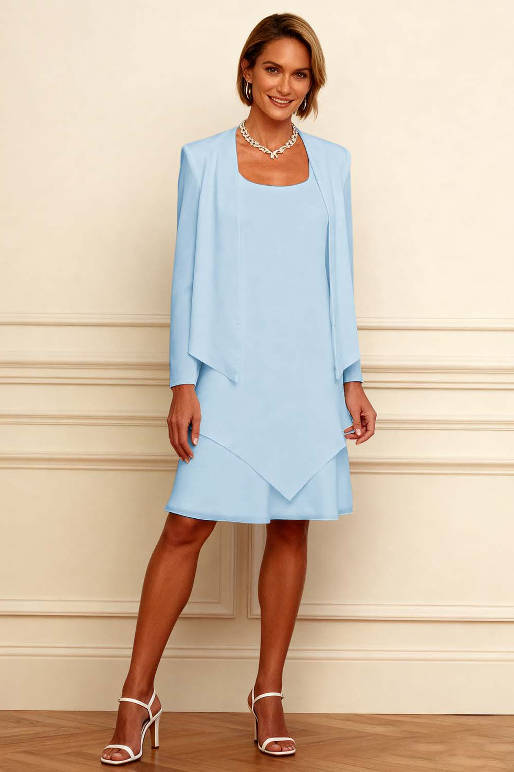 Ivory Scoop Neck Chiffon Knee-Length 2-Piece Mother of the Bride Dress with Jacket