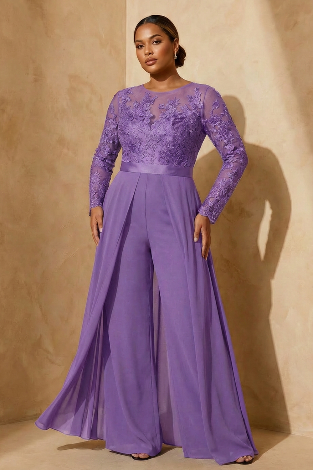 Black Chiffon Illusion Neck Floor-Length Mother Of The Bride Jumpsuit with Cape