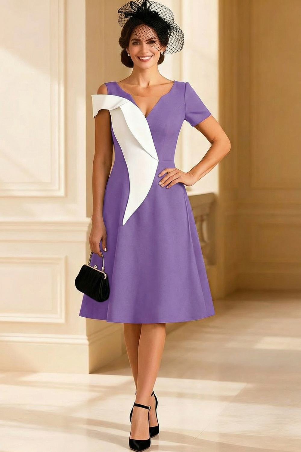 V Neck Black and White A Line Midi Mother of the Bride Dress