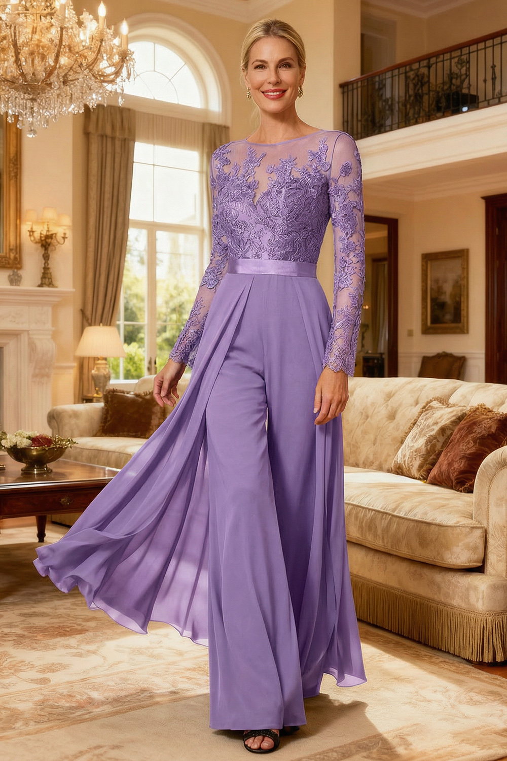 Black Chiffon Illusion Neck Floor-Length Mother Of The Bride Jumpsuit with Cape