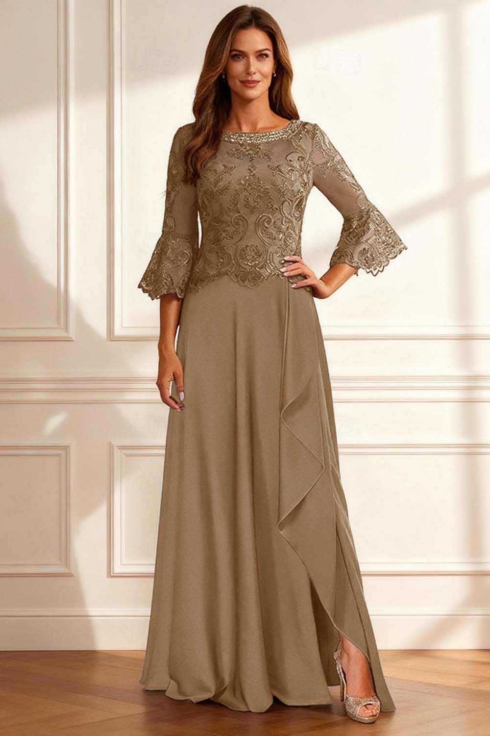 Sparkly Coffee Beaded Ruffled A Line Floor-Length Mother of the Bride Dress with Lace