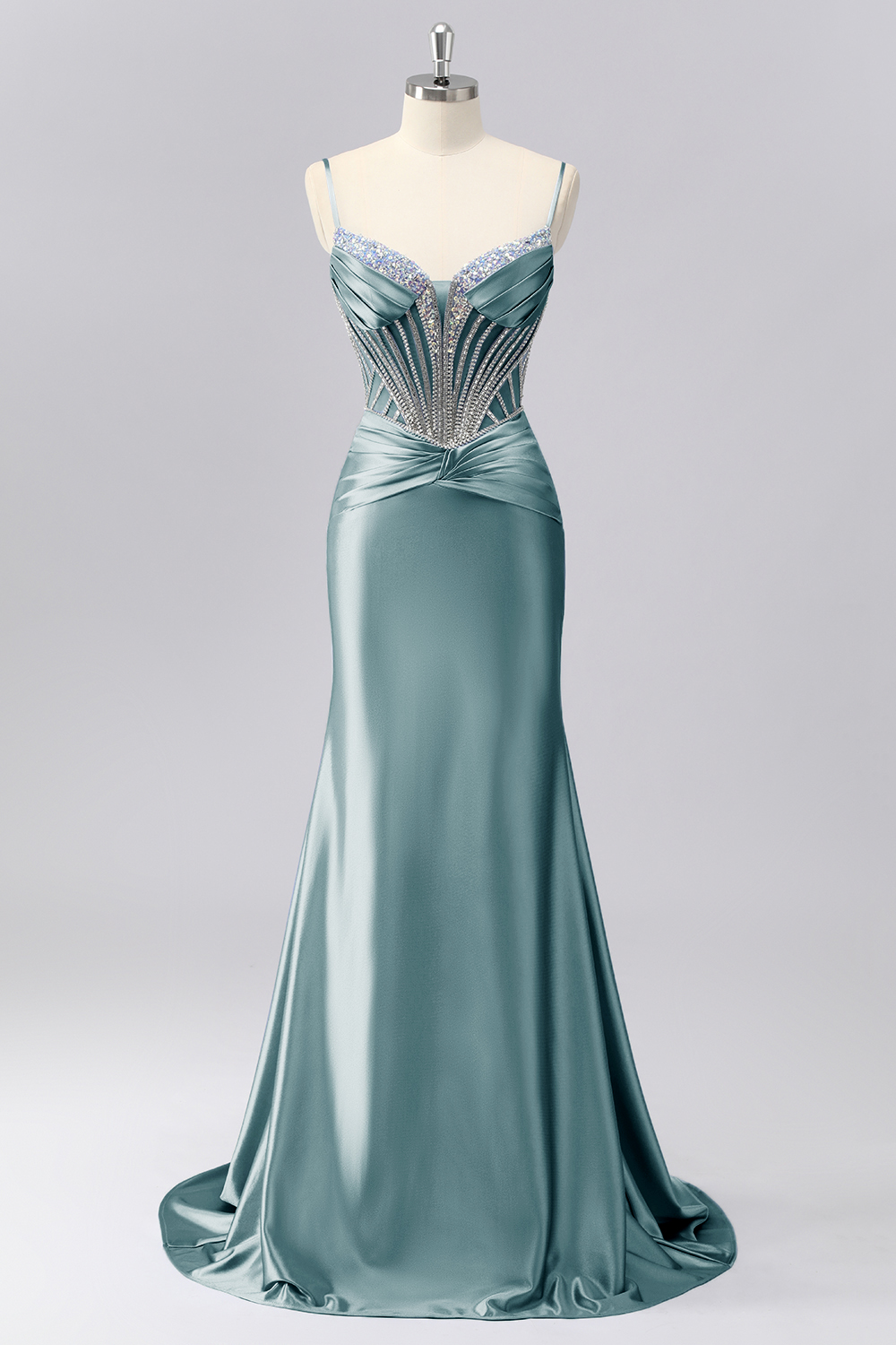 Sparkly Grey Blue Mermaid Spaghetti Straps Corset Long Prom Dress with Beading