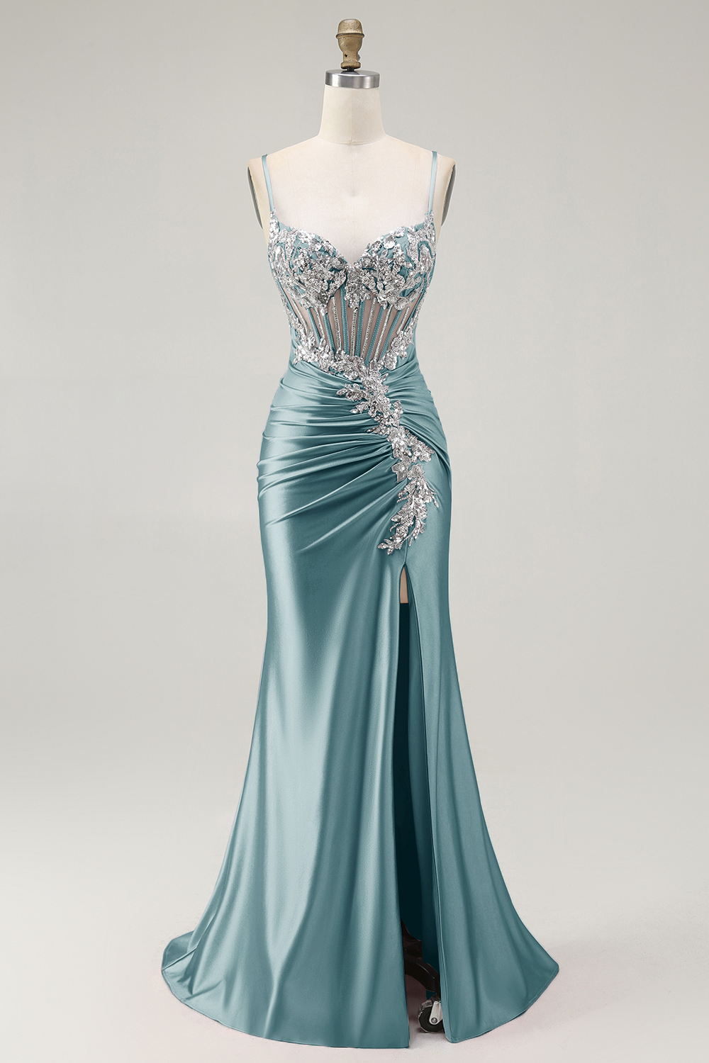Sparkly Grey Pink Corset Satin Mermaid Long Prom Dress with Slit