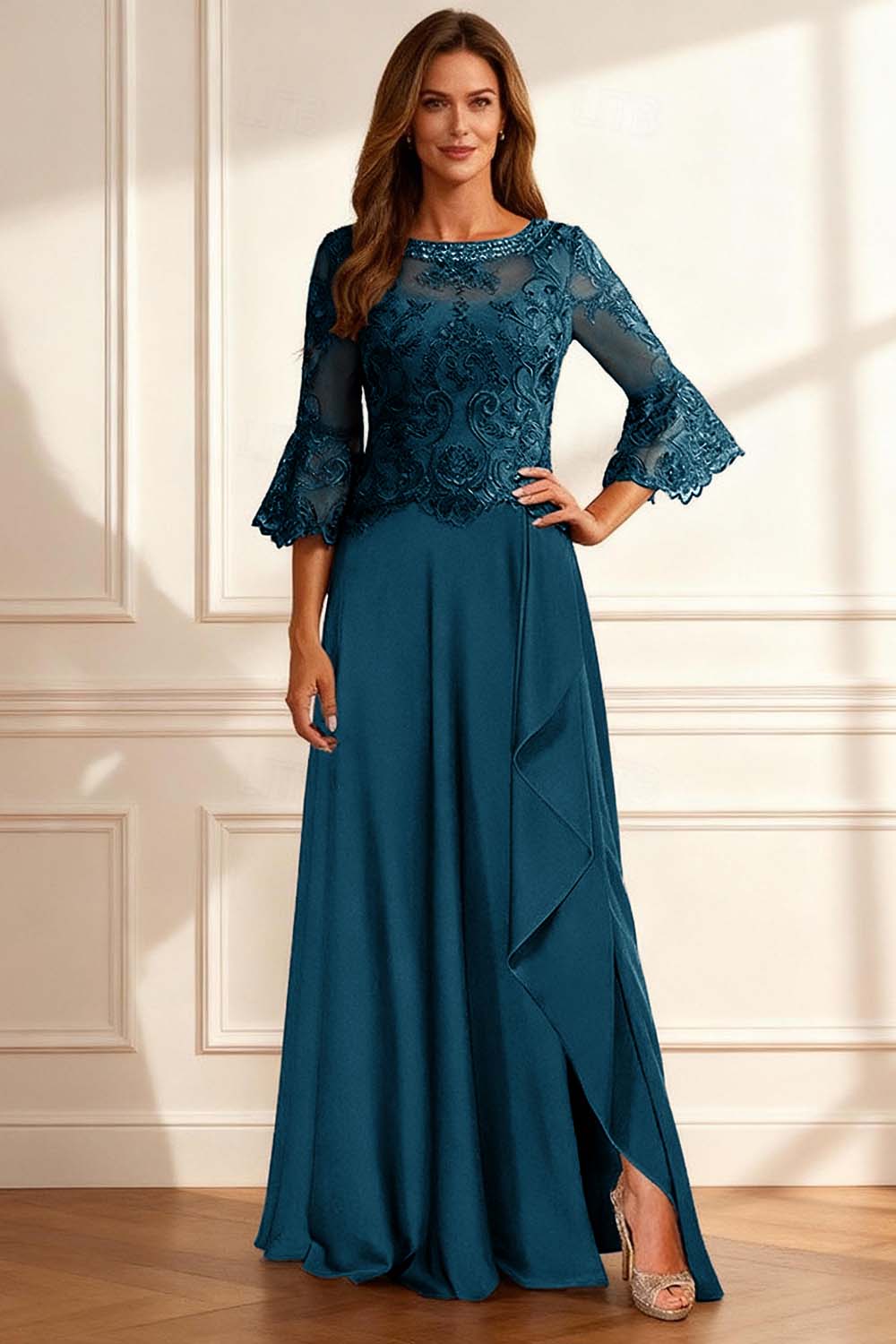 Sparkly Coffee Beaded Ruffled A Line Floor-Length Mother of the Bride Dress with Lace