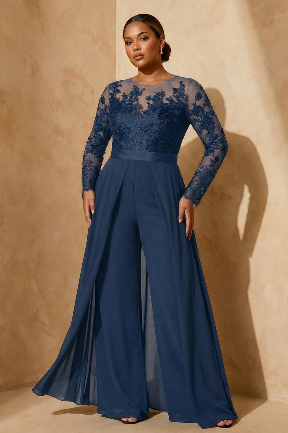 Black Chiffon Illusion Neck Floor-Length Mother Of The Bride Jumpsuit with Cape