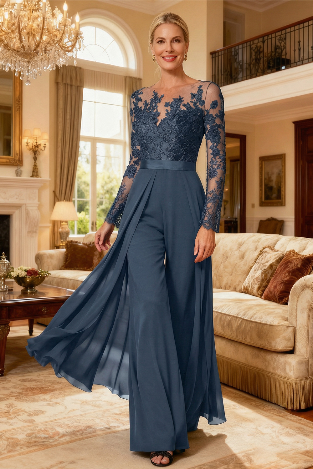 Black Chiffon Illusion Neck Floor-Length Mother Of The Bride Jumpsuit with Cape