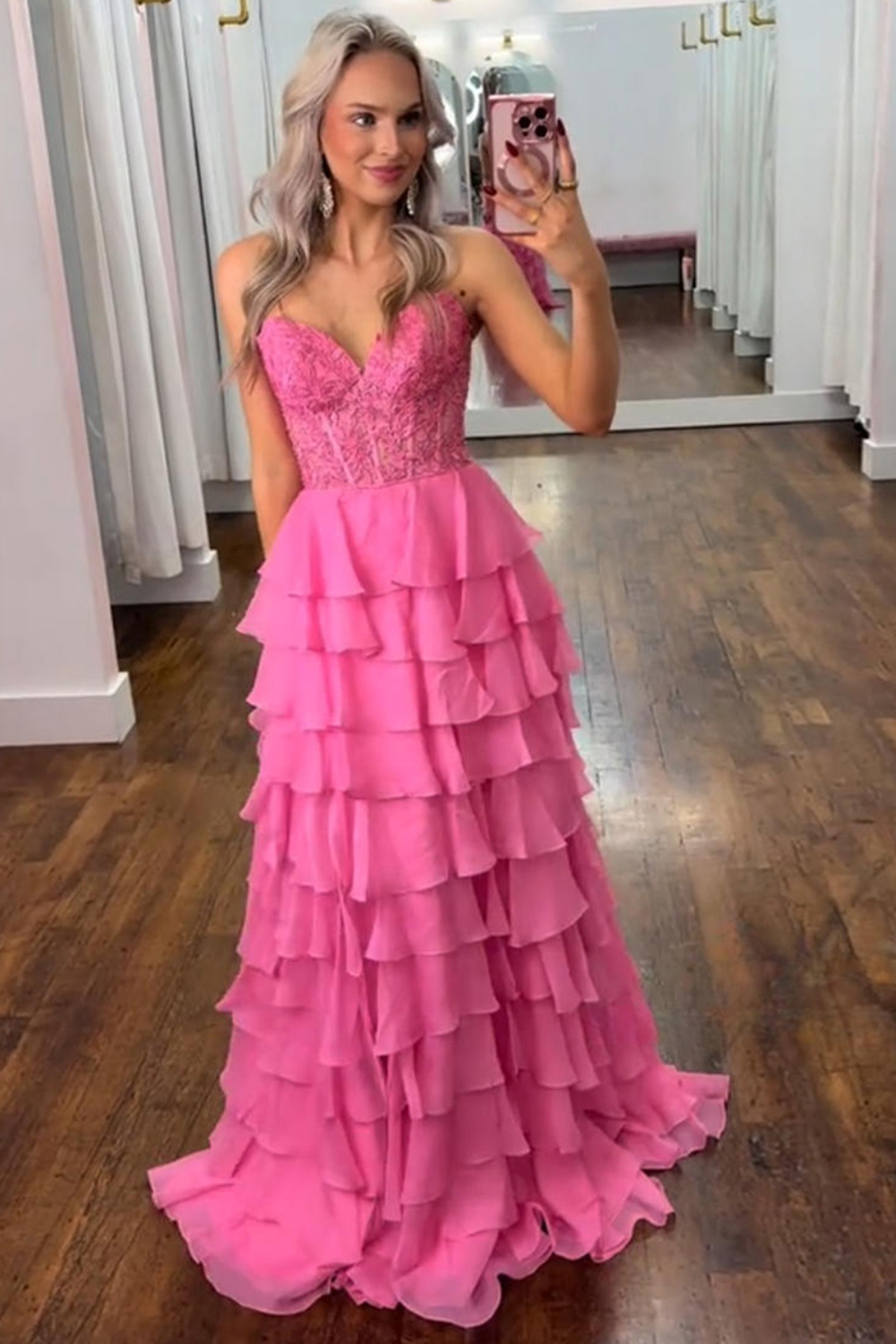 Light Blue A-Line Tiered Chiffon Long Prom Dress with Lace