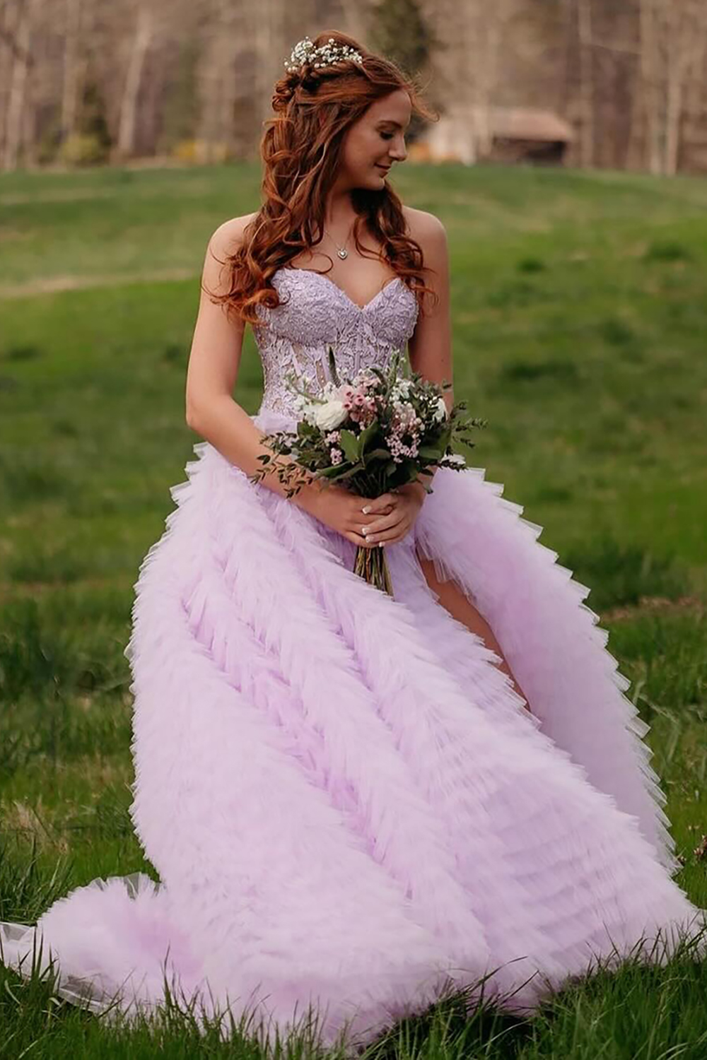 Pink Corset A-Line Sweetheart Tiered Long Prom Dress with Lace