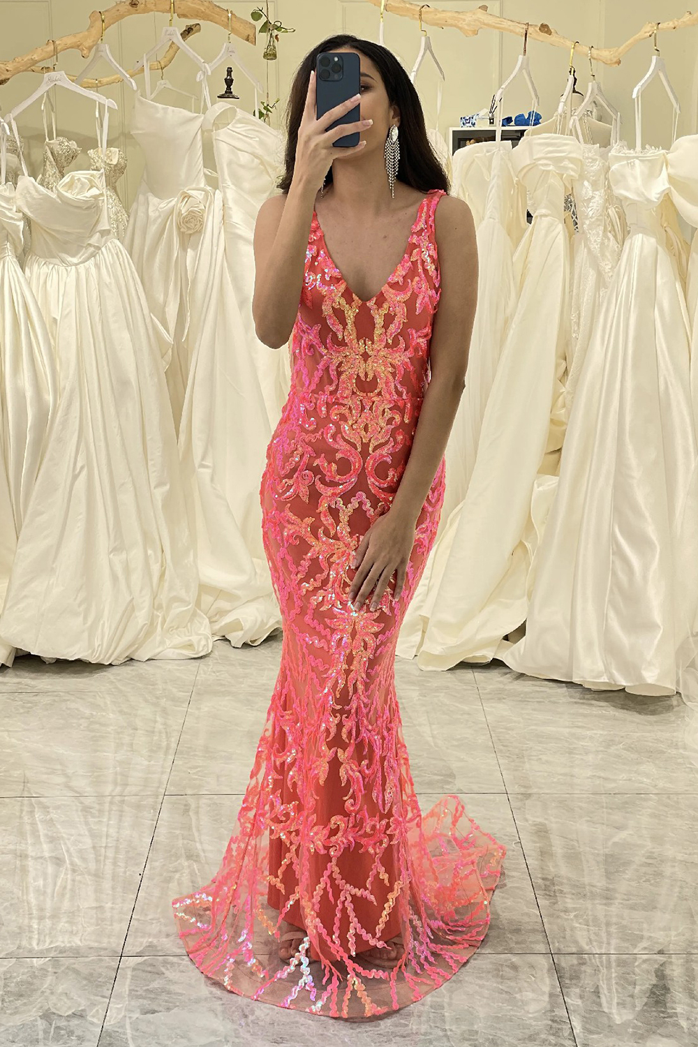 Sparkly Coral Mermaid Backless Long Prom Dress With Sequined Appliques
