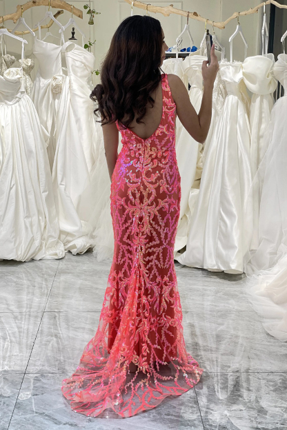 Sparkly Coral Mermaid Backless Long Prom Dress With Sequined Appliques