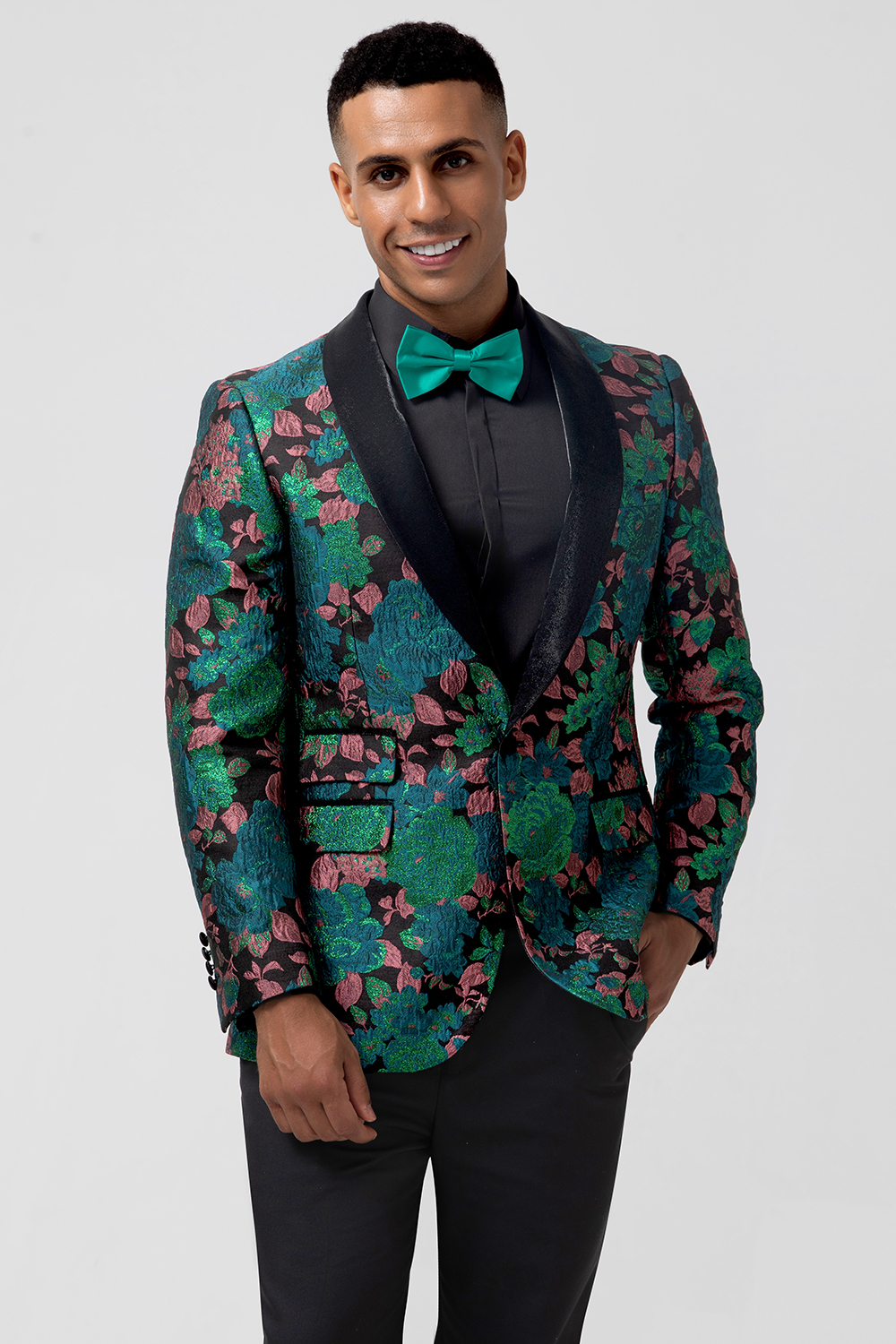 Green Shawl Lapel Jacquard Side Vents Men's Prom Blazer