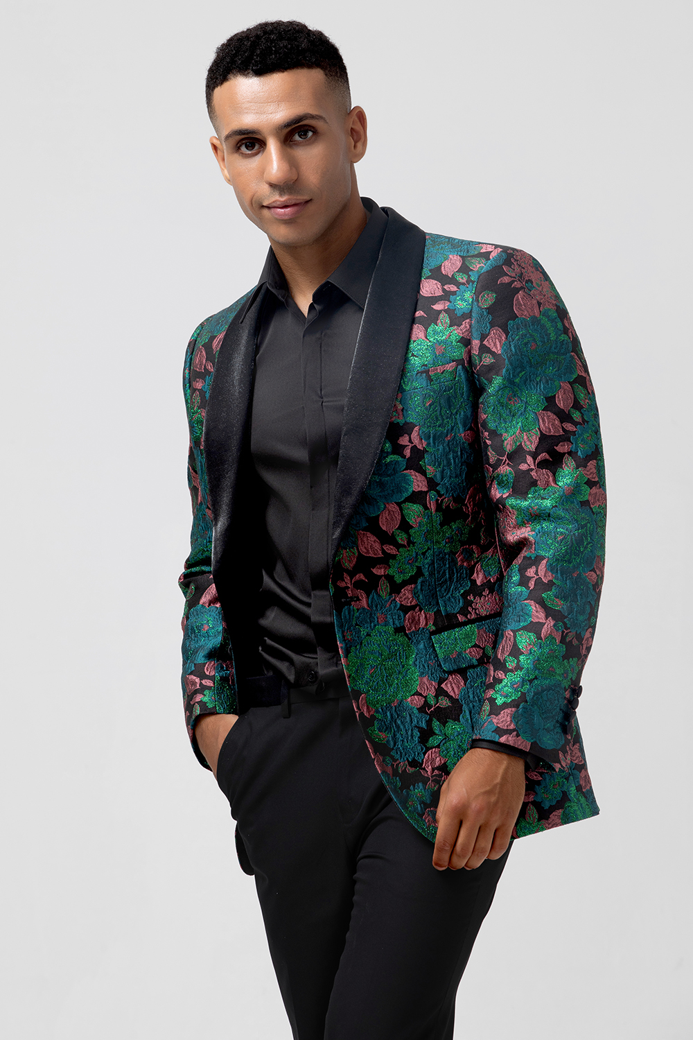 Green Shawl Lapel Jacquard Side Vents Men's Prom Blazer
