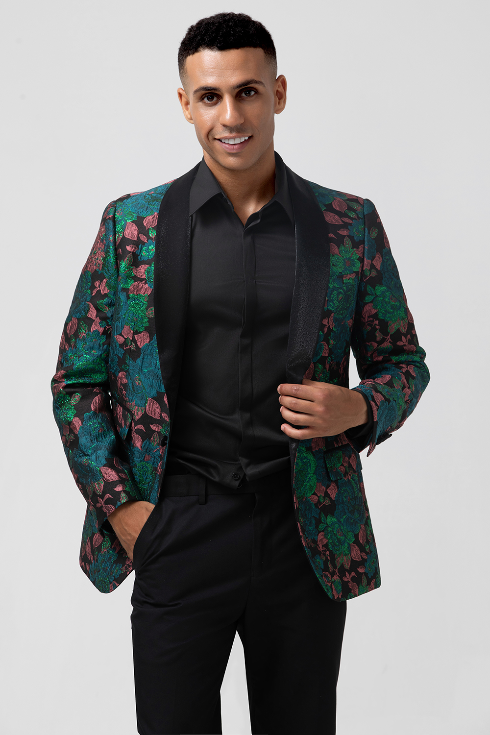 Green Shawl Lapel Jacquard Side Vents Men's Prom Blazer