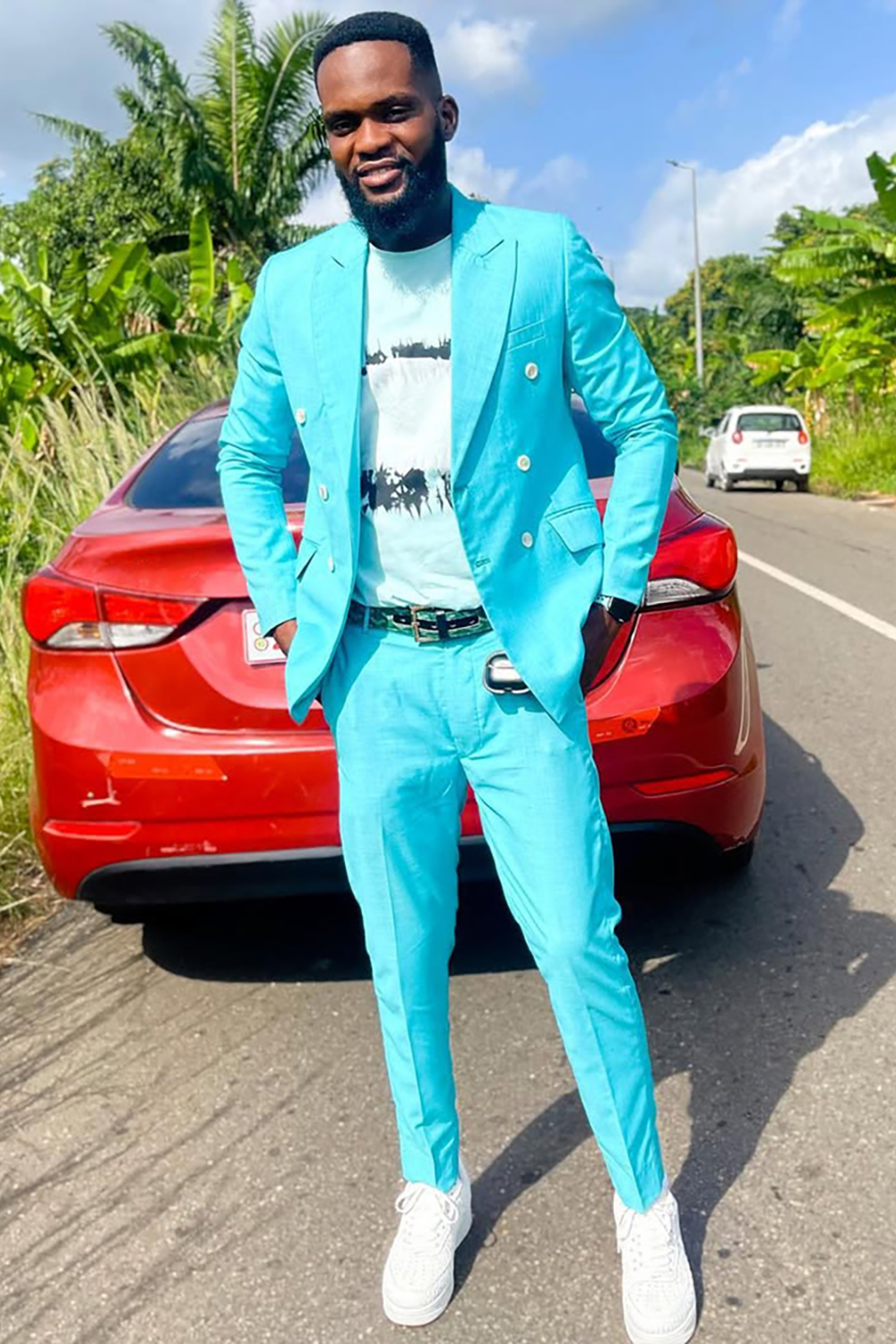 Sky Blue 2 Piece Double Breasted Prom Homecoming Men's Suits with Pockets