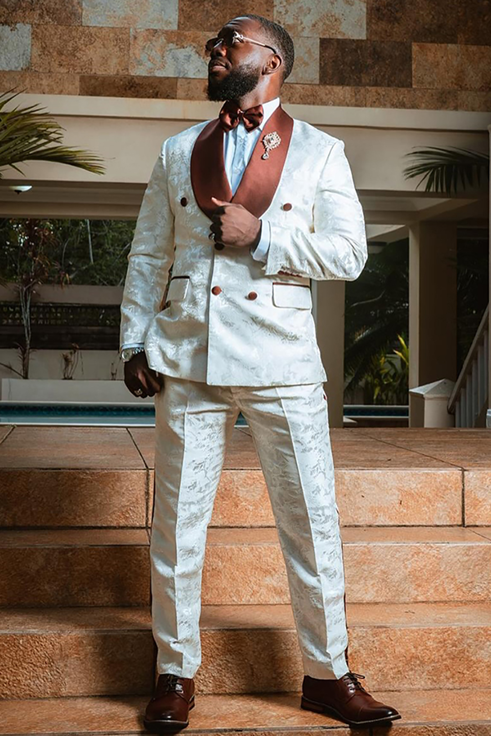 White Jacquard Shawl Lapel 2 Piece Double Breasted Prom Homecoming Men's Suits