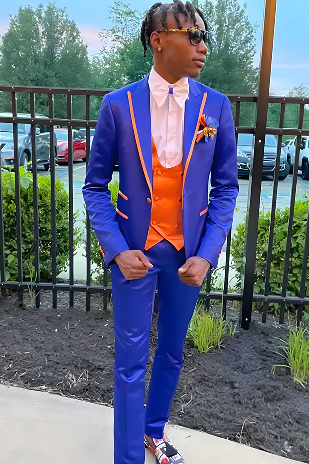 Blue and Orange Slim Fit Peak Lapel 3 Piece Men's Prom Homecoming Suits