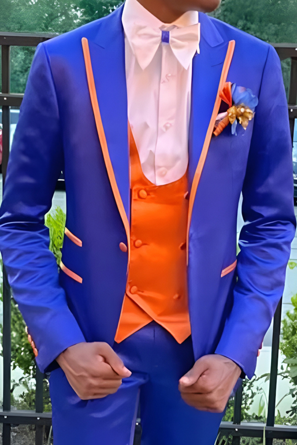 Blue and Orange Slim Fit Peak Lapel 3 Piece Men's Prom Homecoming Suits