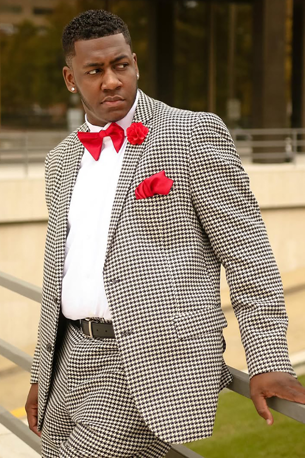 Grey Houndstooth Slim Fit Notched Lapel 2 Piece Men's Prom Homecoming Suits