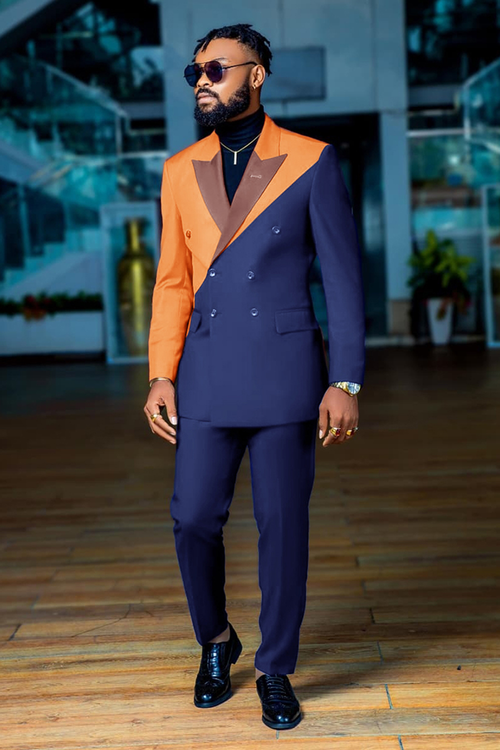 Yellow and Blue Peak Lapel Double Breasted 2 Piece Men's Prom Homecoming Suits